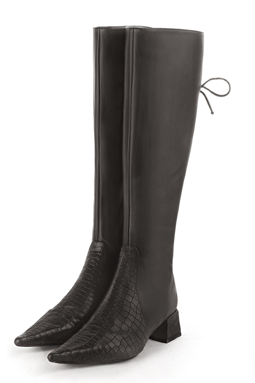 French elegance and refinement for these dark grey knee-high boots, with laces at the back, 
                available in many subtle leather and colour combinations. Pretty boot adjustable to your measurements in height and width
Customizable or not, in your materials and colors.
Its half side zip and rear opening will leave you very comfortable.
For pointed toe fans. 
                Made to measure. Especially suited to thin or thick calves.
                Matching clutches for parties, ceremonies and weddings.   
                You can customize these knee-high boots to perfectly match your tastes or needs, and have a unique model.  
                Choice of leathers, colours, knots and heels. 
                Wide range of materials and shades carefully chosen.  
                Rich collection of flat, low, mid and high heels.  
                Small and large shoe sizes - Florence KOOIJMAN
